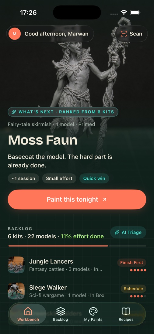 MiniPaint AI Workbench showing tonight’s pick, Moss Faun, and a ranked backlog