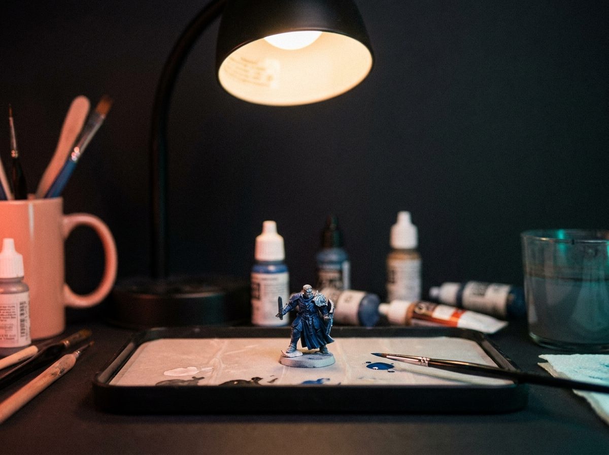 A miniature and paintbrushes on a warmly lit painting desk