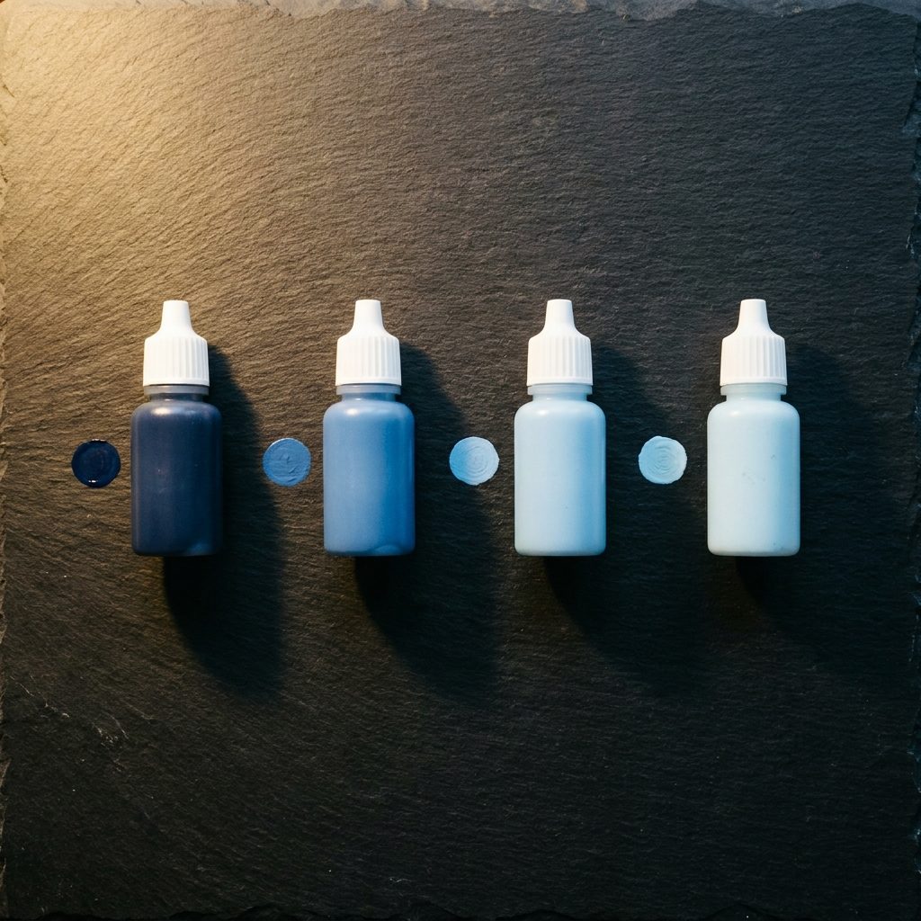 Paint bottles organised beside colour swatches
